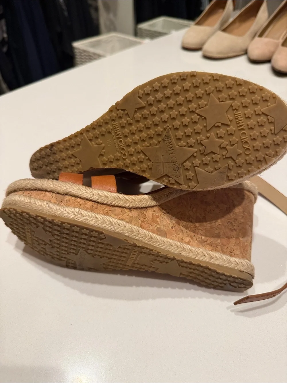 Jimmy Choo size 40 Leather Strappy Wedge Sandals in Tan